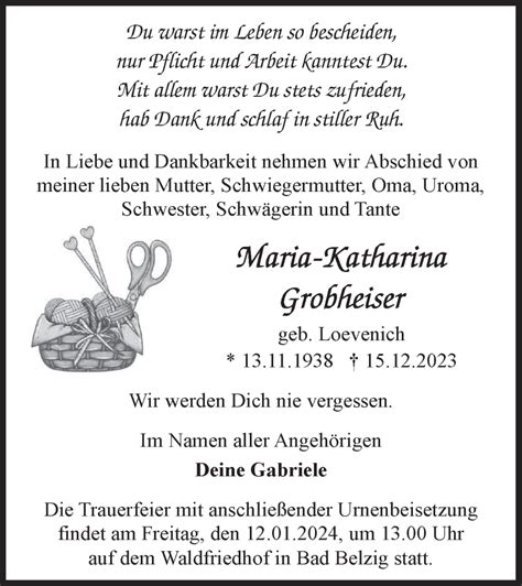 Traueranzeigen von Maria Katharina Grobheiser Märkische Onlinezeitung