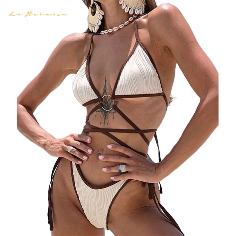 Shein Summer Women Bikini Two Piececontrasting Tie Rope Suspenders Sexy