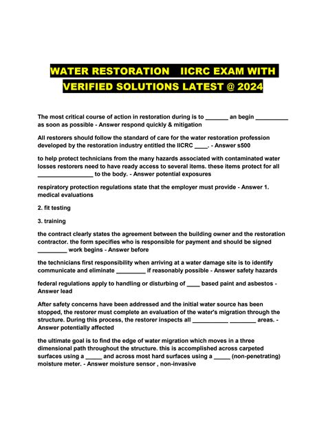 Solution Water Restoration Iicrc Exam With Verified Solutions Latest