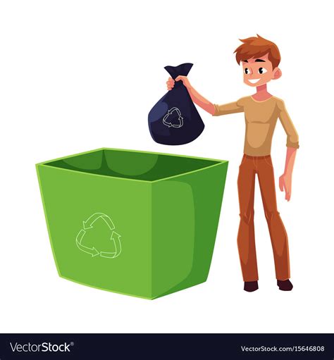 Young Man Putting Garbage Bag Into Trash Bin Vector Image