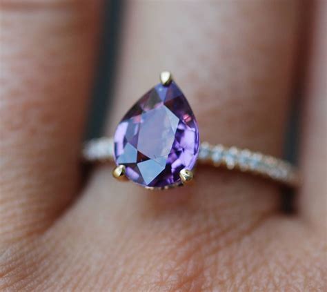 Purple Plum sapphire ring. Pear cut Sapphire Ring 2.31ct. 14k Yellow Gold Diamond ring Pear ...