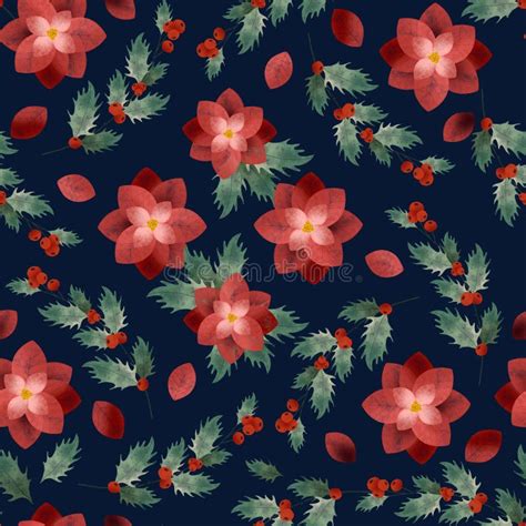 Red Berry Christmas Poinsettias Seamless Pattern On White Background