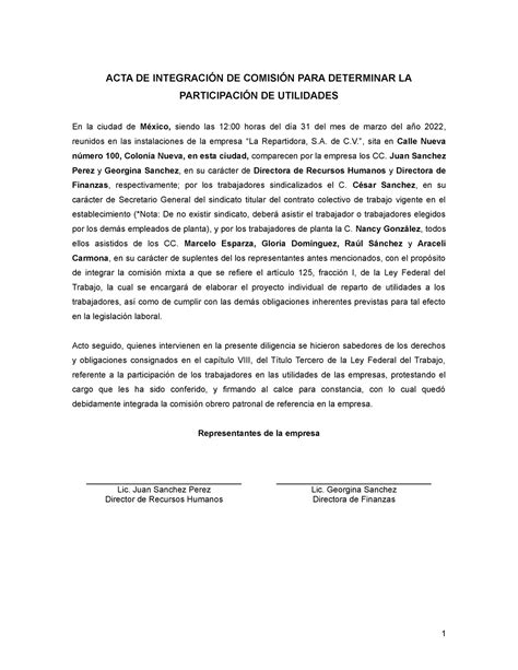 02 Acta Para La Integracin De La Comisin Mixta Para El Reparto De Utilidades Acta De