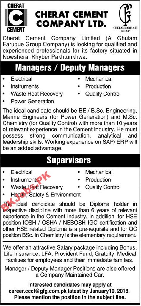 Cherat Cement Company Ltd Nowshera Jobs For Deputy Manager Supervisor