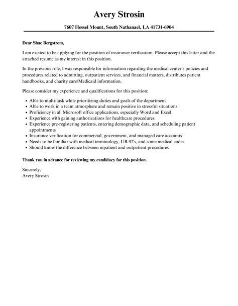 Insurance Verification Cover Letter Velvet Jobs