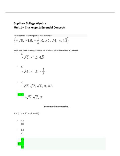 Sophia College Algebra Unit 1 Challenge 1 Essential Concepts College