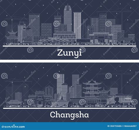 Outline Changsha And Zunyi China City Skyline Set With White Buildings