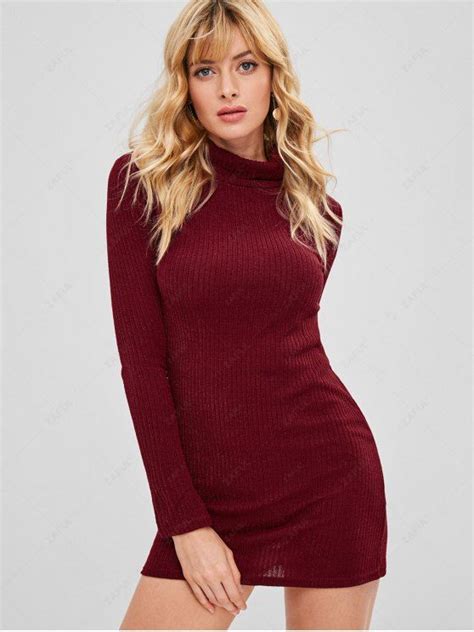 [22 Off] 2021 Turtleneck Knit Mini Tight Dress In Red Wine Zaful