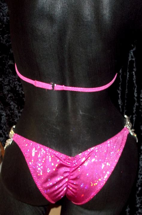 Style Hot Pink Metallic Hologram Competition Bikini With Rhinestone