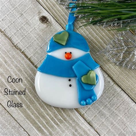 Fat Snowman Ornament With A Blue Hat And Scarf Fused Glass Etsy Snowman Ornaments Christmas