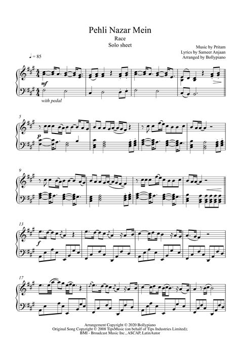 Pehli Nazar Mein Solo Sheet PDF | Race | >99% Accurate Piano Notes