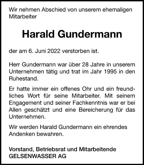 Traueranzeigen Von Harald Gundermann Trauer In Nrw De