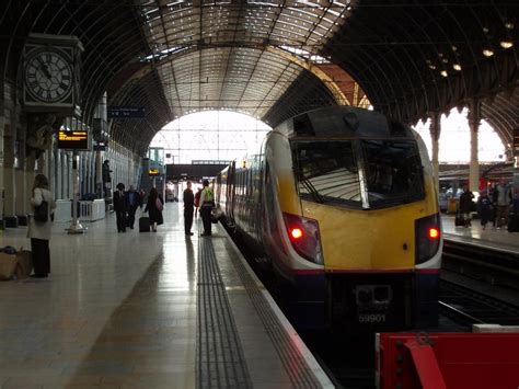 stock photo  train   platform  paddington station london