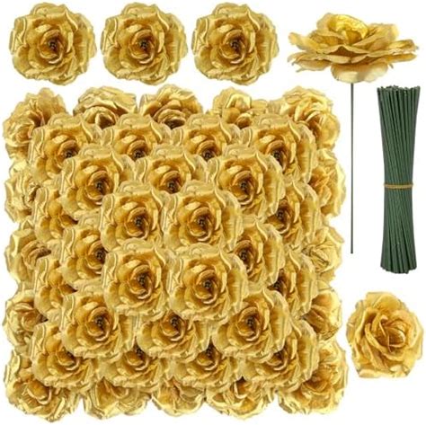 Amazon Yzyil Pack Artificial Gold Roses Flowers Blossom Silk