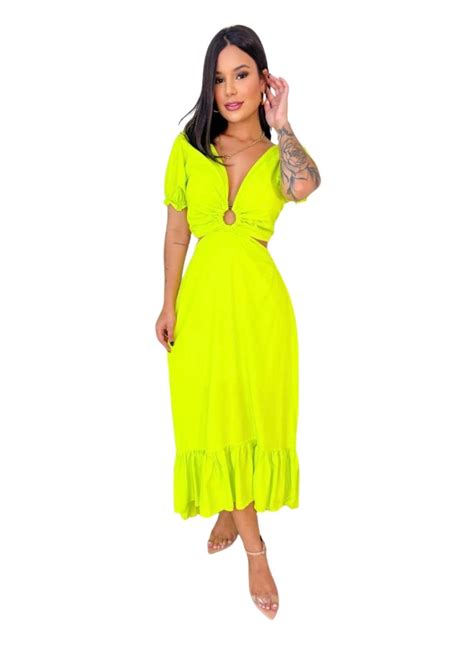 Vestido Midi Viscose Abertura Argola Verde Lima Cia Do Vestido Os