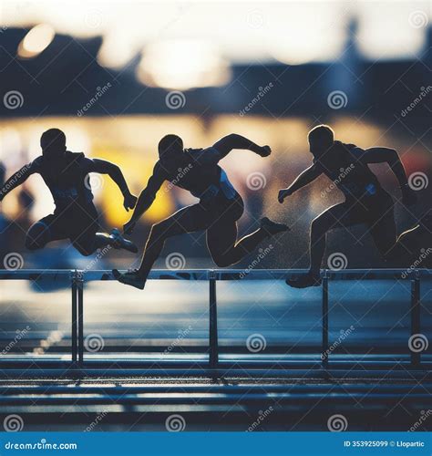 Three Athletes Jumping Over Hurdles during a Race at Sunset Stock