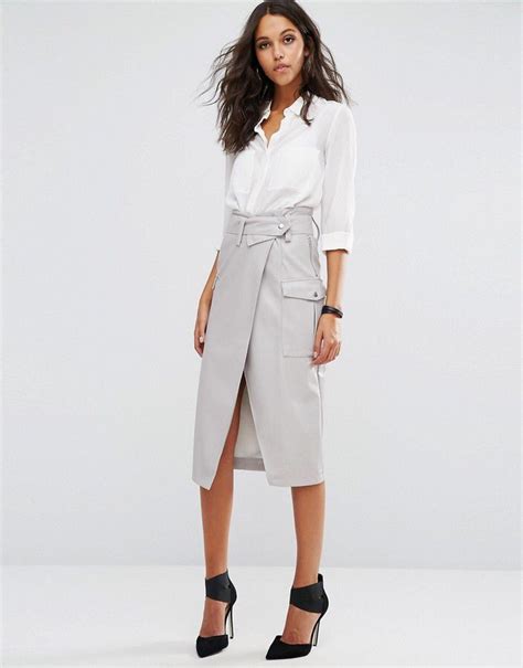 Asos Leather Look Pencil Skirt With Belted Waistband And Pockets