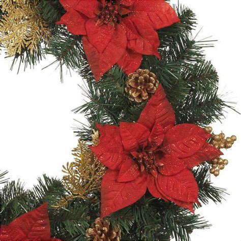 24 In Silk Poinsettia Artificial Wreath With Gold Fern Sprigs And