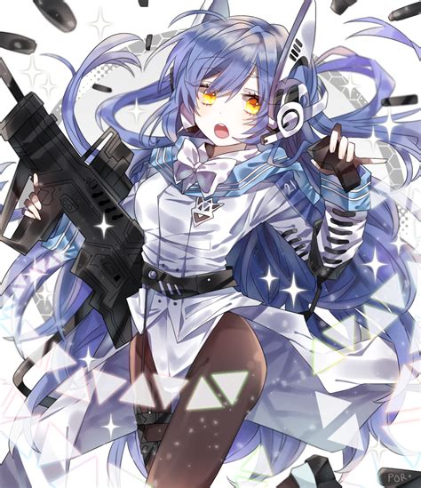 Safebooru 1girl Assault Rifle Black Legwear Blue Hair Blue Sailor Collar Bow Bowtie Breasts