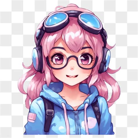 Download Kawaii Anime Girl Pink Hair Glasses Blue Jacket Headphones Online Creative Fabrica