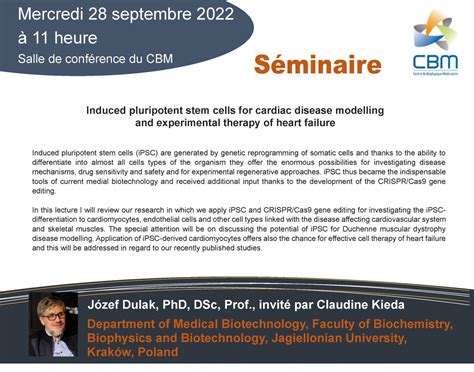 28 septembre 2022 Séminaire du Prof Józef Dulak Centre de