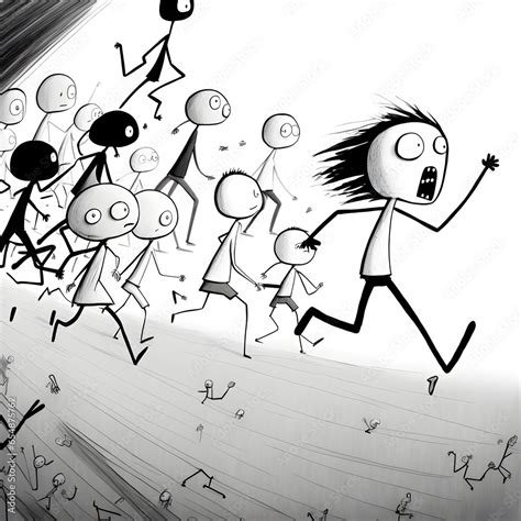 Kids Drawing Stick Figures Monster People Running Black And White No