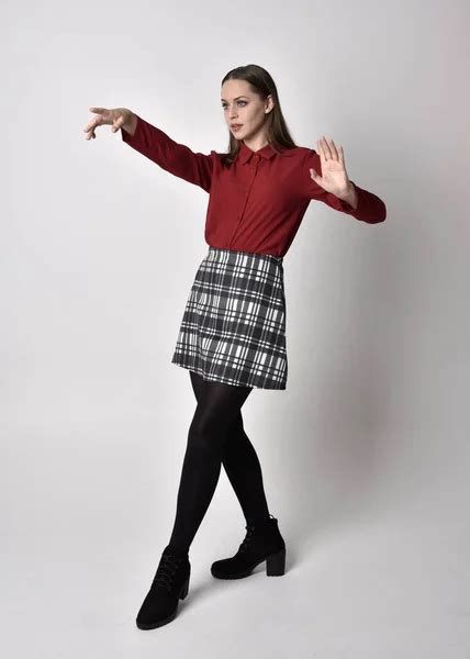 Full Length Portrait Pretty Brunette Girl Wearing Red Shirt Plaid Stock