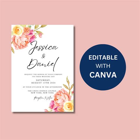 Watercolor Floral Wedding Invitation Template Pink Watercolor Floral Wedding Invitation Edit