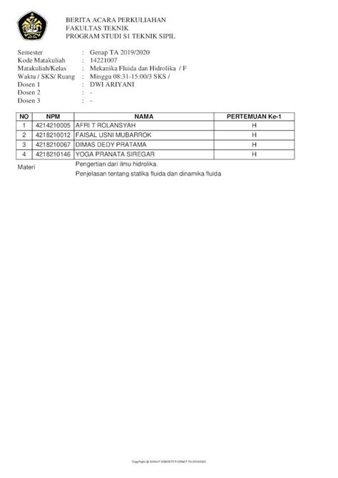 Pdf Berita Acara Perkuliahan Fakultas Teknik Program Sipeg