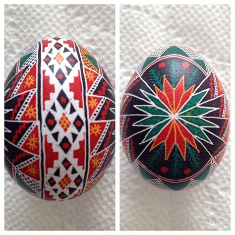 Two Pictures Of An Easter Egg With Decorative Designs On The Top And