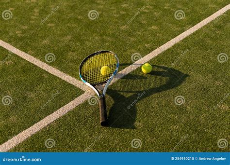 Tennis Balls And Racket On The Green Grass Background Stock Image