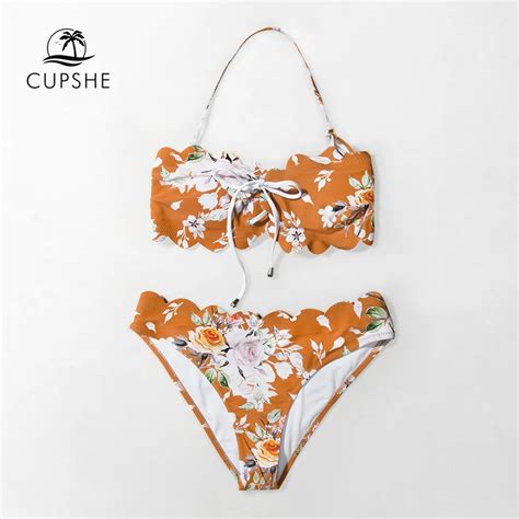 Cupshe Orange Floral Scalloped Bikini Sets Women Sexy Halter Two Pieces Swimsuits 2019 Girl