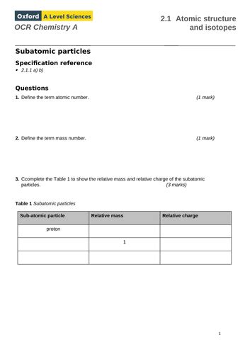 Ocr A Level Chemistry 2 1 1 Atomic Structure Lesson Teaching Resources