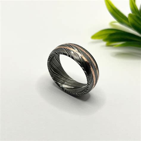 Damascus Ring Damascus Band Inlayed With Copper Damascus Steel Ring