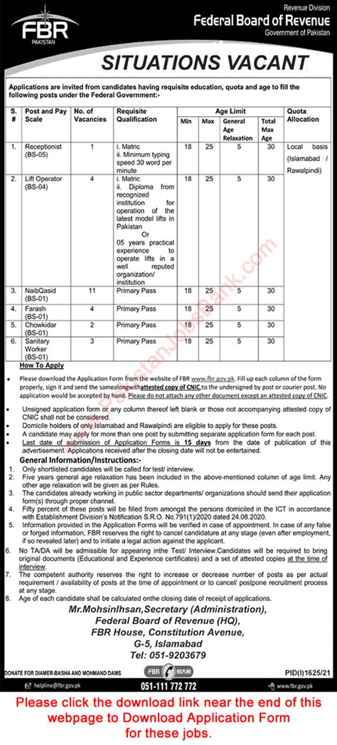 Fbr Jobs September 2021 Application Form Federal Board Of Revenue