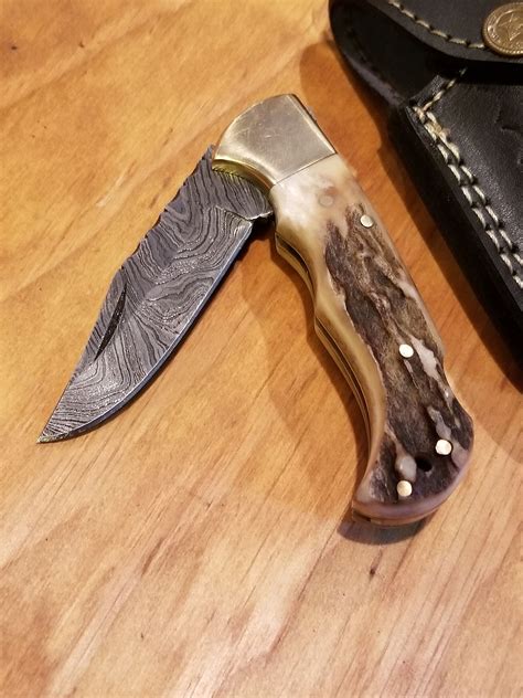 Handmade Deer Antler Folding Pocket Knife Damascus Blade Stag