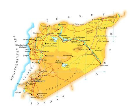 Detailed elevation map of Syria with roads, railroads, cities and ...