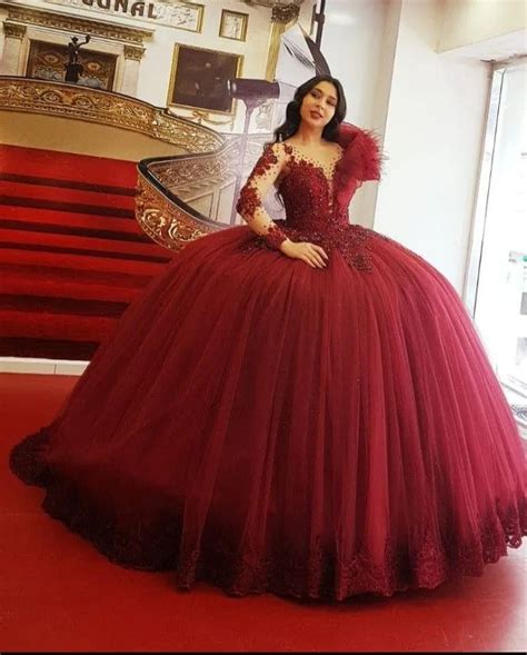 Burgundy Princess Ball Gown With Beaded Tulle And Long Sleeves Perfect