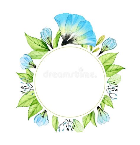 Watercolor Round Frame With Blue Flowers Banner Template With