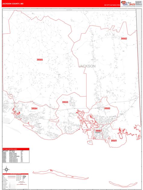 Jackson County, MS Zip Code Wall Map Red Line Style by MarketMAPS ...