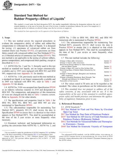 Astm D471 12a Standard Test Method For Rubber Property—effect Of Liquids