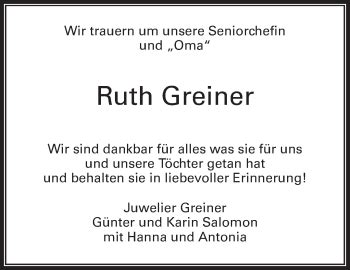 Traueranzeigen Von Ruth Greiner Zvw Trauer