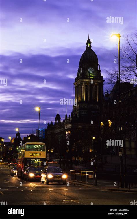 Nightime Traffic Passing Leeds Town Hall Built In 1858 Designed By