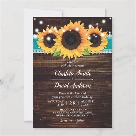 Rustic Wood Sunflower Teal Wedding Invitation Zazzle