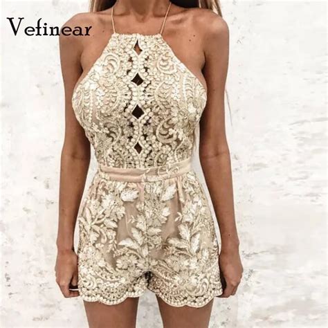 Vefinear Sexy Gold Lace Bodysuit Women Mesh Jumpsuit Rompers Halter