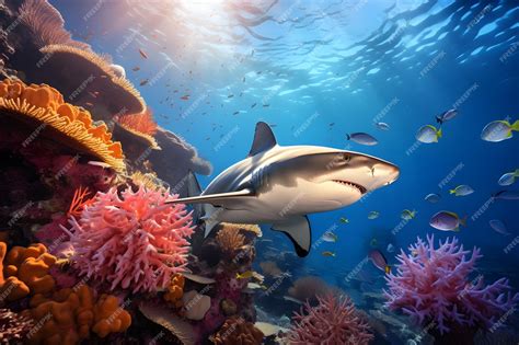 Premium AI Image | majestic shark swimming through a coral reef teeming ...