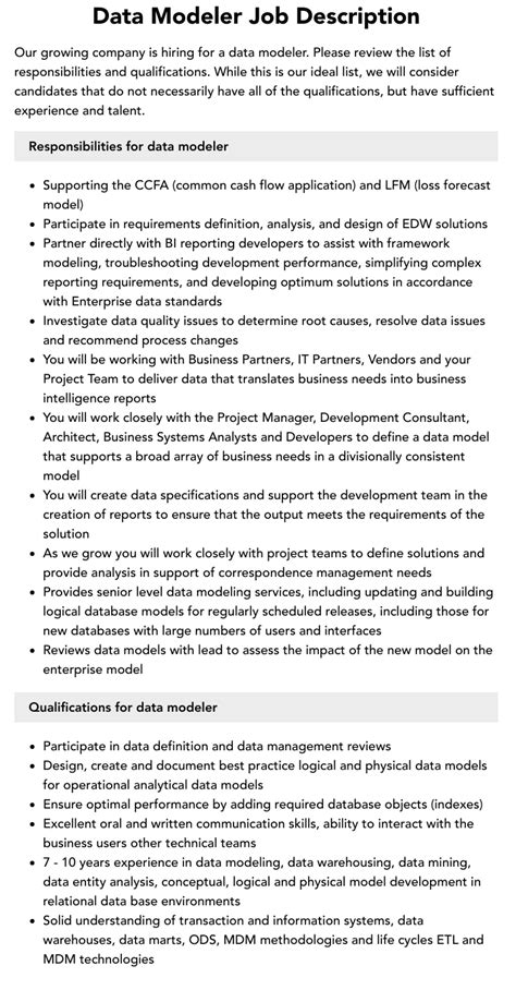 Data Modeler Job Description Velvet Jobs