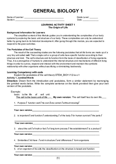 Doc General Biology 1 Learning Activity Sheet 1 The Origin Of Life