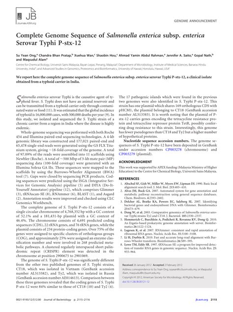 Pdf Complete Genome Sequence Of Salmonella Enterica Subsp Enterica