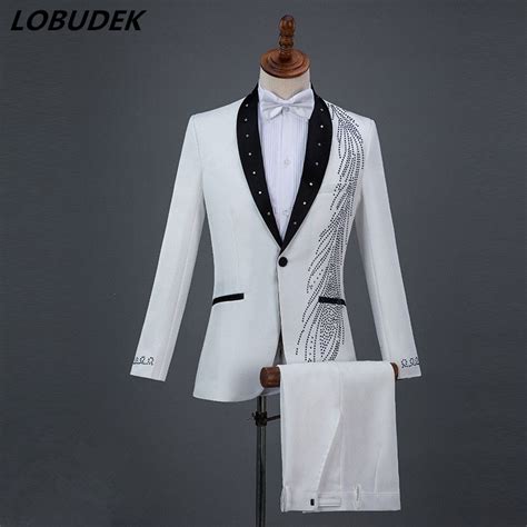 2021 Formal Men Suits Blue Black Crystals Blazers Musical Vocal Concert